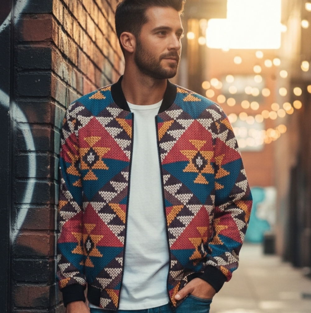 Bomber Jacket Lightweight Native Tribal Aztec Geometric Men's XL Casual Colorful